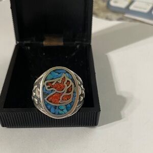 Artistic Sterling Silver Ring with Turquoise and Coral  Inlay